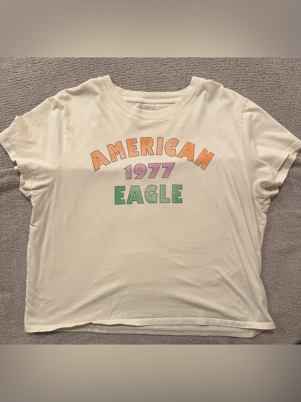 American Eagle Outfitters Cream Graphic Crop Tee - 'American 1977 Eagle'